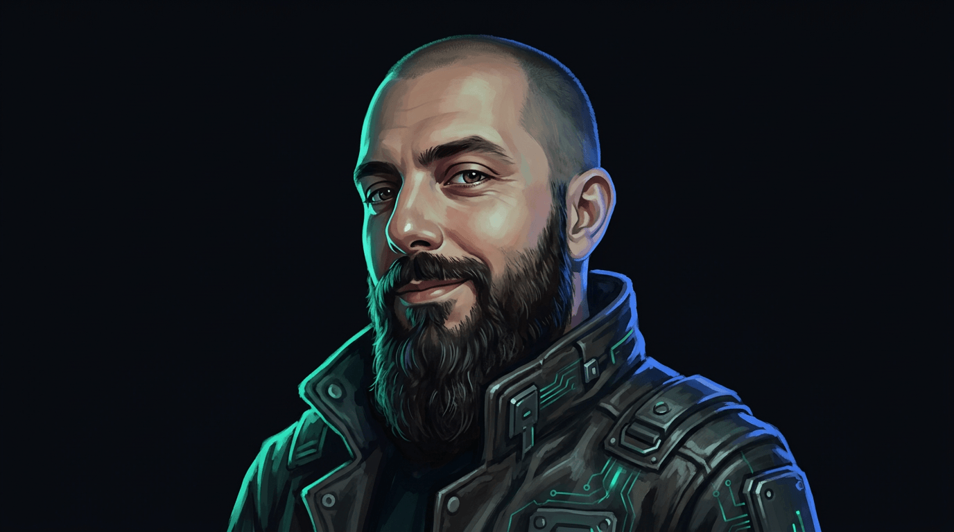 Portret Macieja Strączkowskiego w stylizacji dark-tech RPG